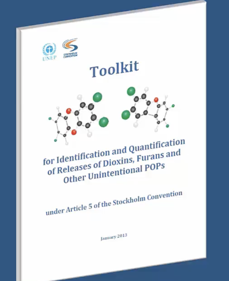 A white book cover titled Toolkit for Identification and Quantification of Releases of Dioxins, Furans and Other Unintentional POPs with chemical structures, two logos, and a publication date of January 2013.
