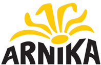 The image shows the word ARNIKA in bold black letters with a stylized yellow flower design above the text.