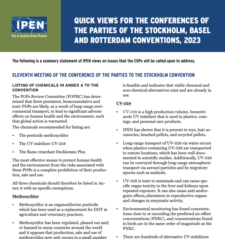 A page from a publication lists chemicals in the Annex of the Stockholm Convention, highlighting UV-328, its uses, and associated risks. Headings, bullet points, and a blue IPEN logo are visible at the top.