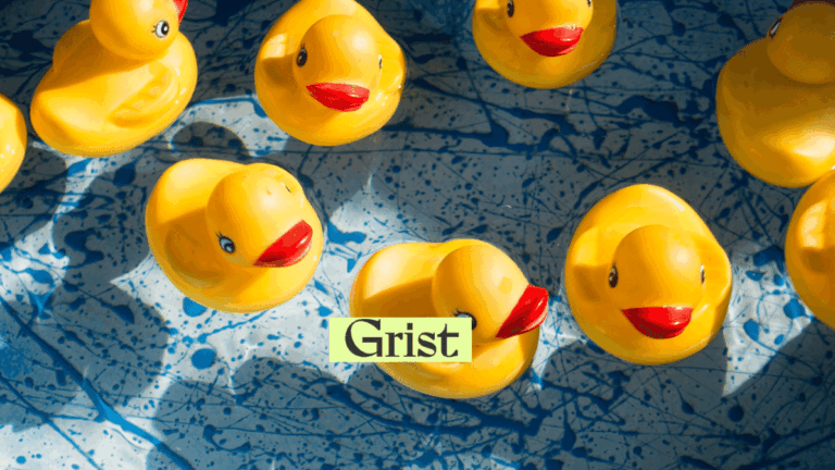 rubber ducks floating, Grist logo in foreground