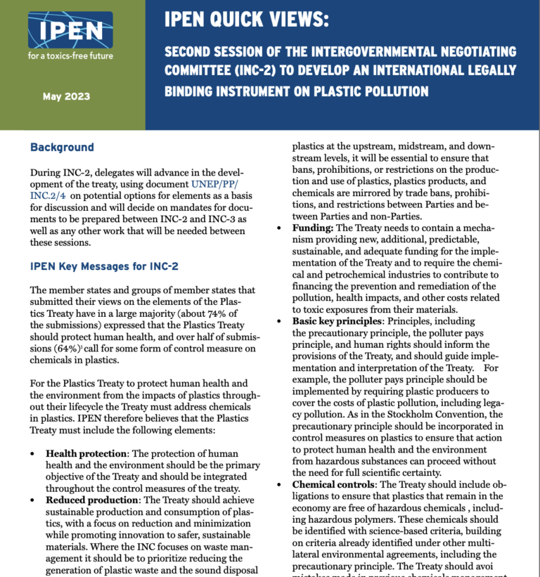 A fact sheet titled IPEN Quick Views from May 2023 summarizes key messages from the Second Session of the Intergovernmental Negotiating Committee (INC-2) on developing a global plastic pollution treaty.