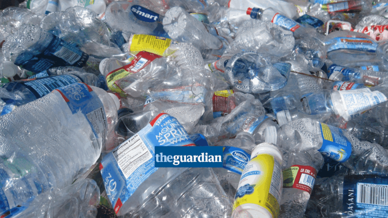 a large pile of plastic bottles, Guardian logo in foreground