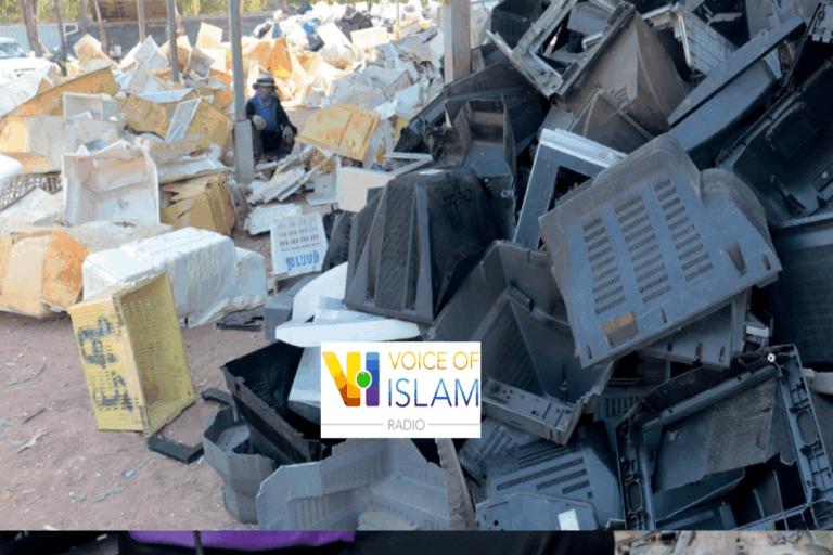 a pile of plastic e-waste, Voice of Islam logo in foreground