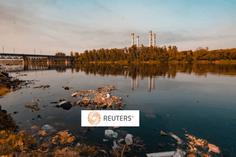 a pond with plastic trash, Reuters logo in foreground