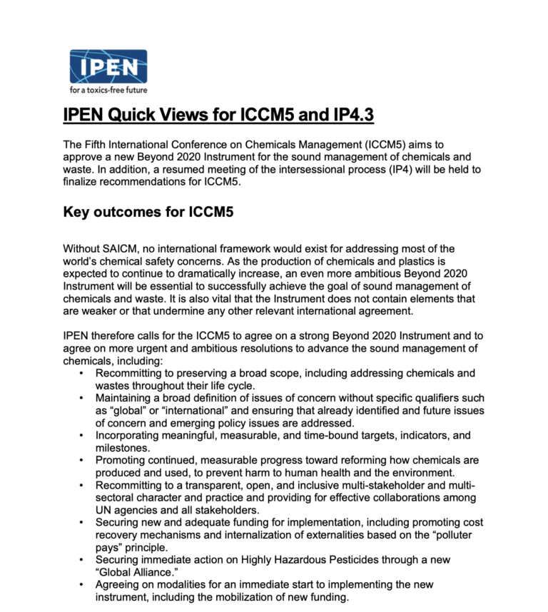 A fact sheet titled IPEN Quick Views for ICCM5 and IP4.3 outlines key outcomes for ICCM5, including improved chemicals management, reduced harm, and supporting innovation, with bullet points and paragraphs of text.