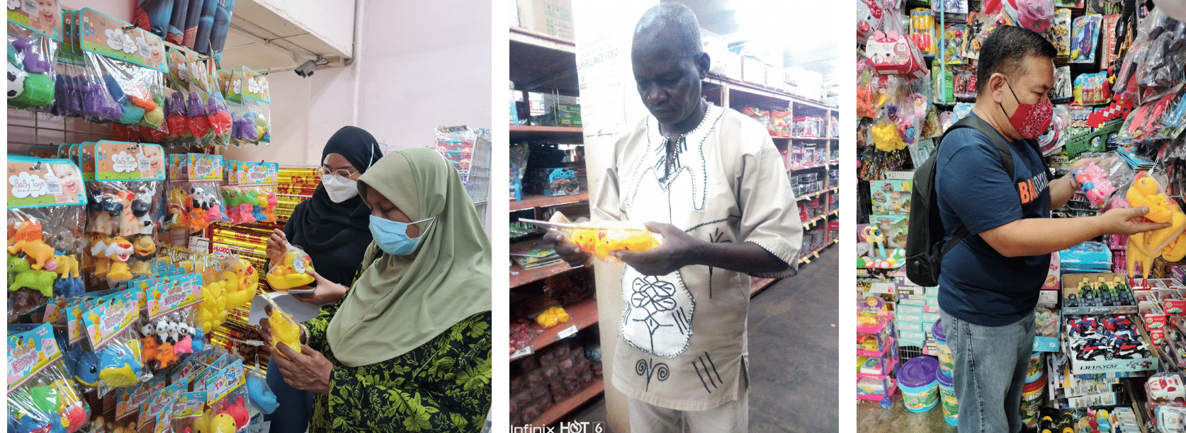 Three people in different stores examine toys on shelves, each wearing a face mask. The stores are filled with colorful toys and the individuals appear to be making selection decisions.