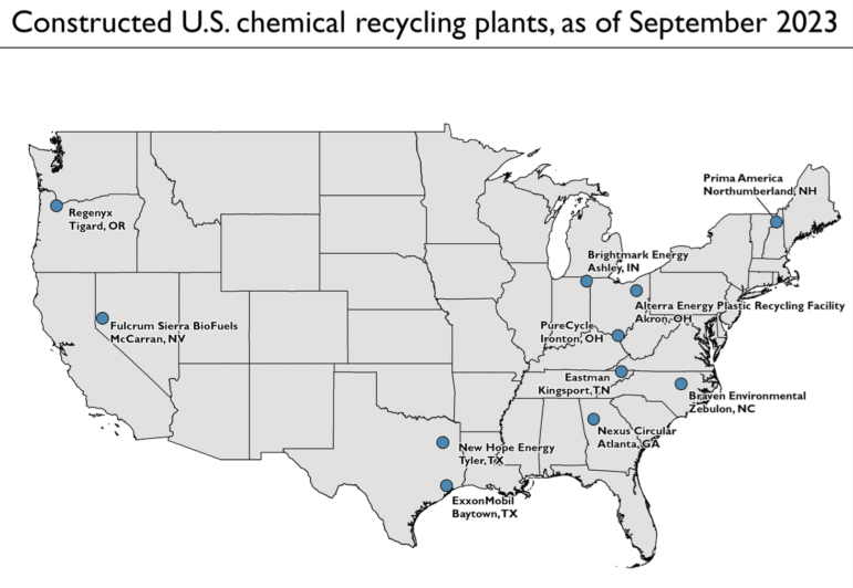 US map showing locations of chemical recycling plants