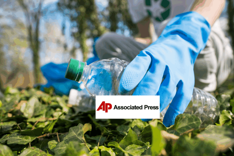 A person wearing blue gloves picks up a plastic bottle from the ground covered in green ivy leaves. The background shows trees and sunlight. The Associated Press logo is overlaid on the image.
