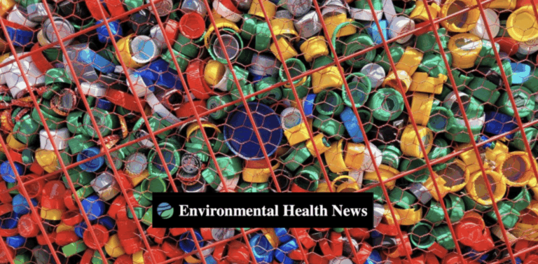 A close-up view of colorful plastic bottle caps collected inside a red wire mesh container. The image includes a banner at the bottom that reads, Environmental Health News.