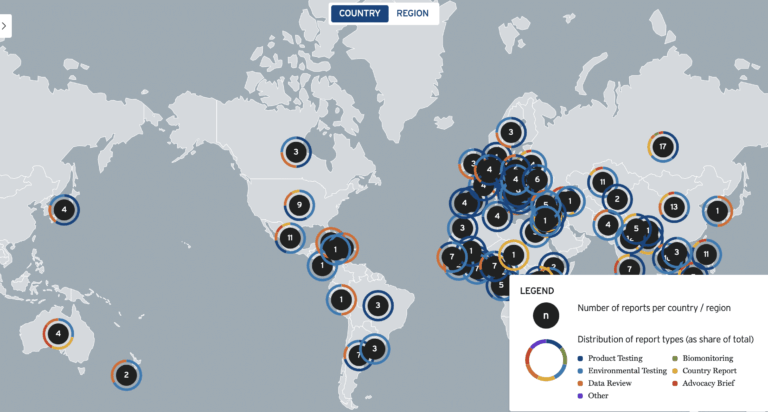 world map with dots showing countries where IPEN members work on plast