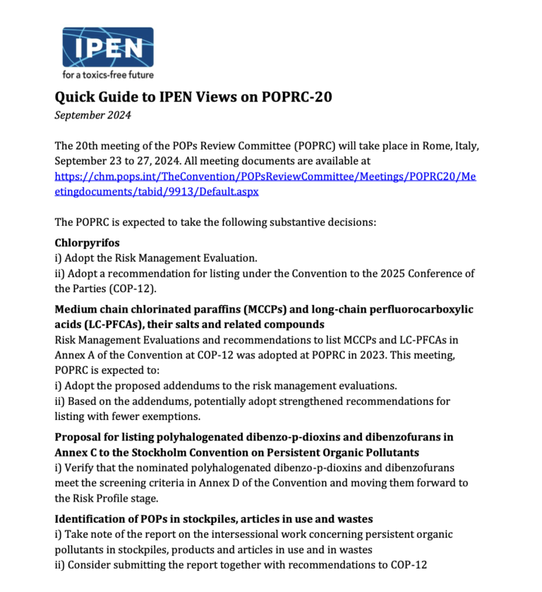 A fact sheet titled “Quick Guide to IPEN Views on POPRC-20” outlines key recommendations for the 20th meeting of the POPs Review Committee, focusing on chemicals and related issues.
