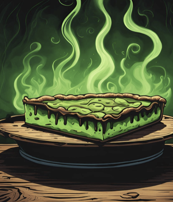 A rectangular green pie with a brown crust sits on a round plate atop a wooden surface. Bright green smoke or vapor rises from the pie, creating a mysterious atmosphere.