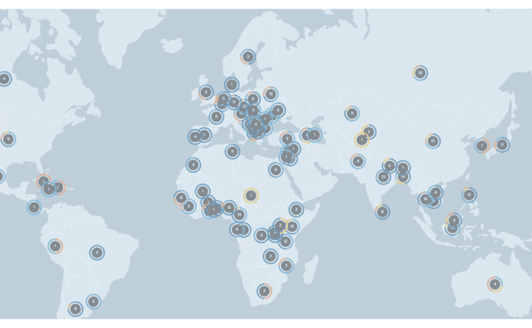 A world map with clustered circular markers in various locations across Europe, Africa, Asia, and the Americas, indicating data points or hubs concentrated mostly in Europe and parts of Asia and Africa.