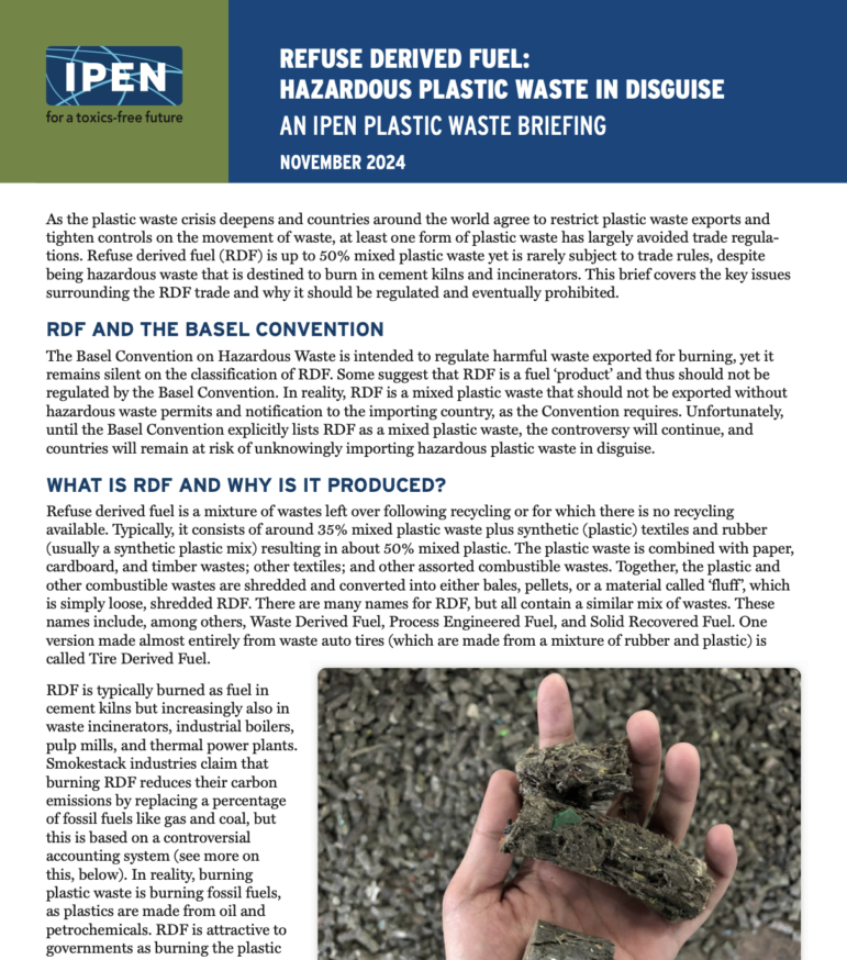 An informational flyer titled Hazardous Plastic Waste in Disguise: An IPEN Plastic Waste Briefing, with sections discussing refuse derived fuel (RDF), regulations, and potential hazards of burning plastic waste.