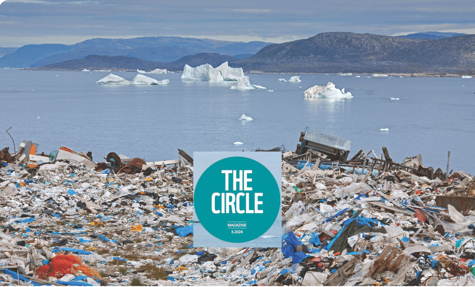 Piles of plastic and other debris litter a shoreline, with icebergs and mountains visible in the background under a cloudy sky; a magazine cover with the text THE CIRCLE appears in the center.