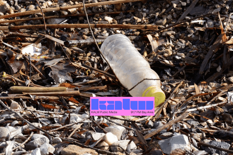 A discarded plastic bottle lies on a rocky, leaf-covered ground. The KALW Public Media 91.7 FM Bay Area logo is overlaid at the bottom center of the image.