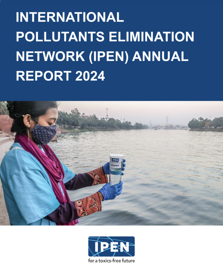 A person wearing a mask and gloves collects a water sample near a riverbank. The image is on the cover of the International Pollutants Elimination Network (IPEN) Annual Report 2024.