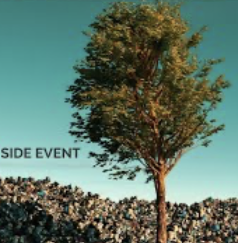 A single tree stands in the foreground next to a large pile of trash under a blue sky. The words SIDE EVENT appear to the left of the tree.