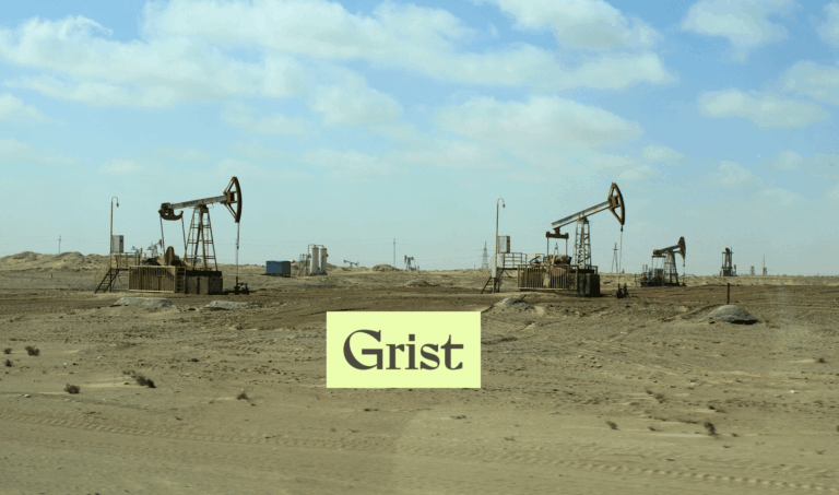 Oil pumpjacks operate in a flat, arid landscape under a partly cloudy sky. The word Grist appears in bold letters on a light-colored rectangle in the foreground.
