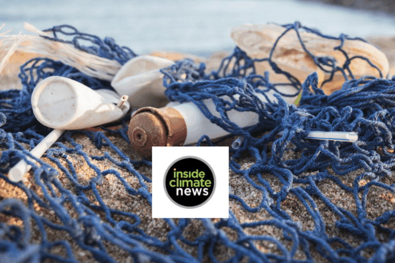 Plastic debris and fishing net are scattered on sandy ground near the water, with the Inside Climate News logo placed over part of the image.