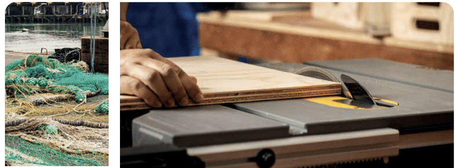 On the left, fishing nets and ropes are piled near water. On the right, a person pushes a piece of wood through a table saw in a workshop.