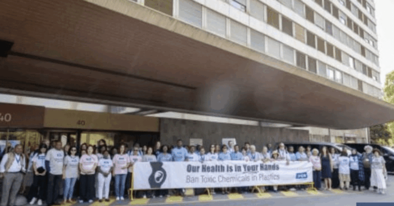 A group of people stand in front of a large building holding a long banner that reads, Our Health is in Your Hands. Ban Toxic Chemicals in Plastics. The group appears to be participating in a demonstration.