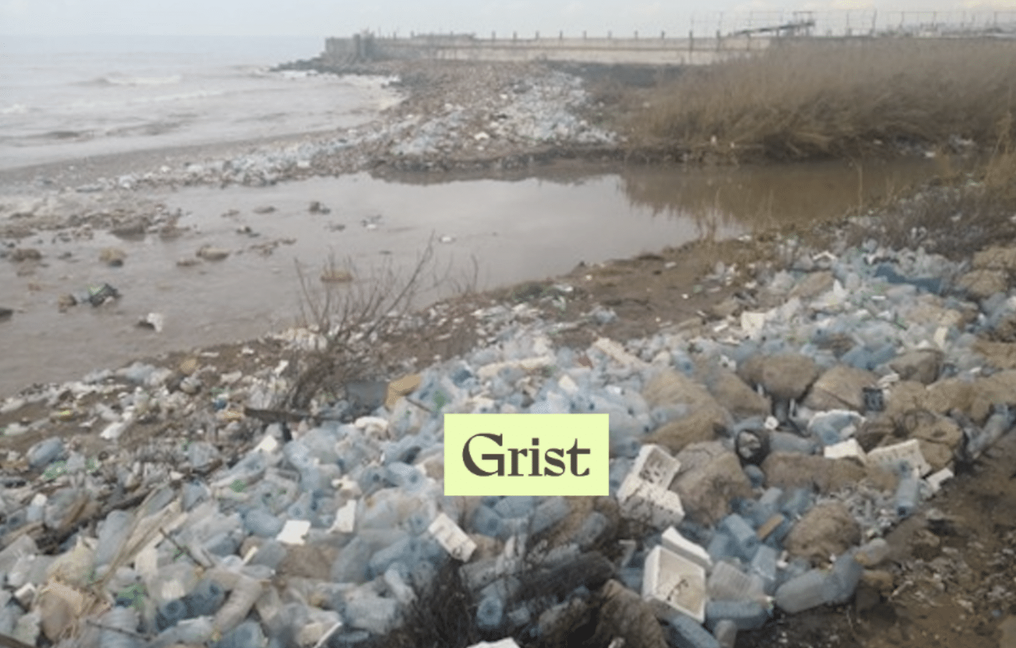 A shoreline covered with plastic bottles and trash, with water and a fence visible in the background. The word “Grist” appears in a highlighted box in the center foreground.