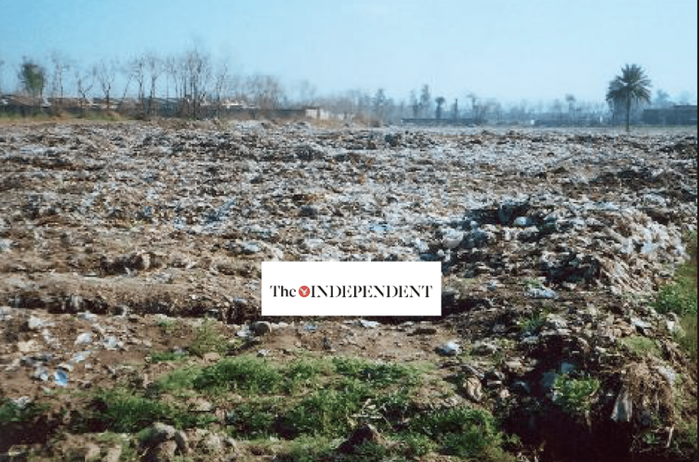 A large outdoor area covered with piles of garbage and plastic waste; some sparse grass and trees are visible in the background under a clear sky.