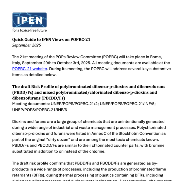 Une capture d'écran d'une fiche d'information intitulée “ Petit guide sur les points de vue de l'IPEN concernant la POPRC-21 ”, avec le logo de l'IPEN en haut à gauche et un texte discutant des risques des polychlorodibenzodioxines et des dibenzofuranes.