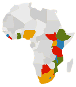 A simplified map of Africa with several countries highlighted in different colors including green, orange, red, and blue, while the rest of the countries are shown in light gray. No labels or text are present.