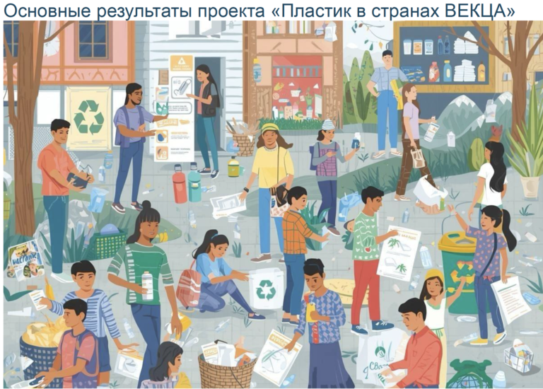Russian text over graphic of people cleaning up plastic