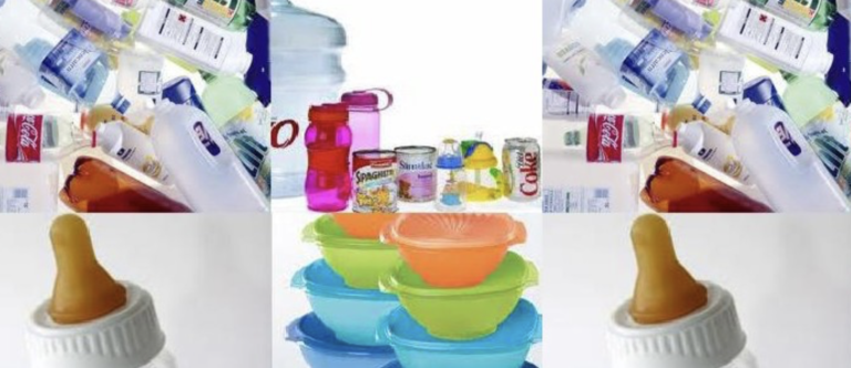 A collage showing various plastic containers, water bottles, canned food, baby bottles with nipples, colorful plastic bowls, and drink cans arranged against a white background.
