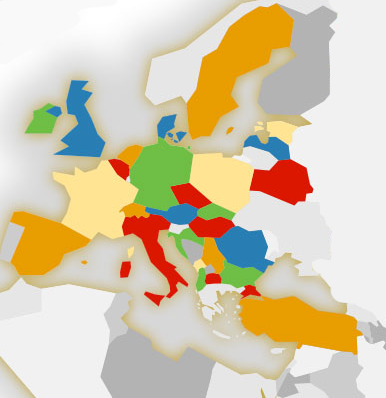 A simplified, color-coded map of Europe with countries shaded in green, red, blue, or yellow, lacking labels or a legend. Surrounding areas are greyed out. The image focuses on central and eastern Europe.