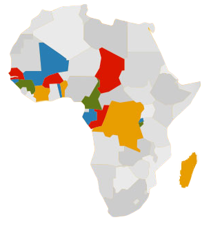 Map of Africa with several countries highlighted in different colors, including blue, red, orange, green, and yellow; the rest of the countries are shaded in light gray. No labels or legends are present.