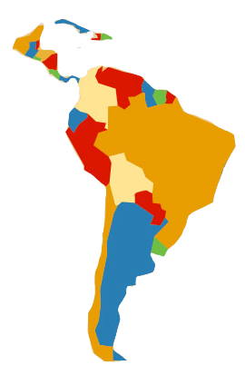 Hartë e stilizuar e Amerikës Latine me vende në ngjyra të ndryshme duke përfshirë të verdhë, të kuqe, blu dhe jeshile; kufijtë janë qartë të përcaktuar pa emra ose etiketa vendesh.