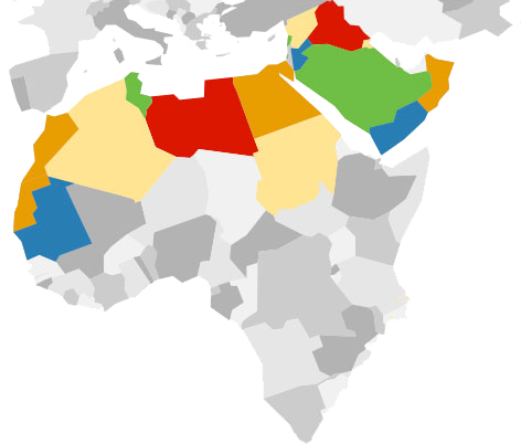 A simplified map of Northern Africa and the Middle East with countries shaded in various colors including blue, green, red, yellow, and orange, while surrounding areas are shown in gray. No labels or text are present.