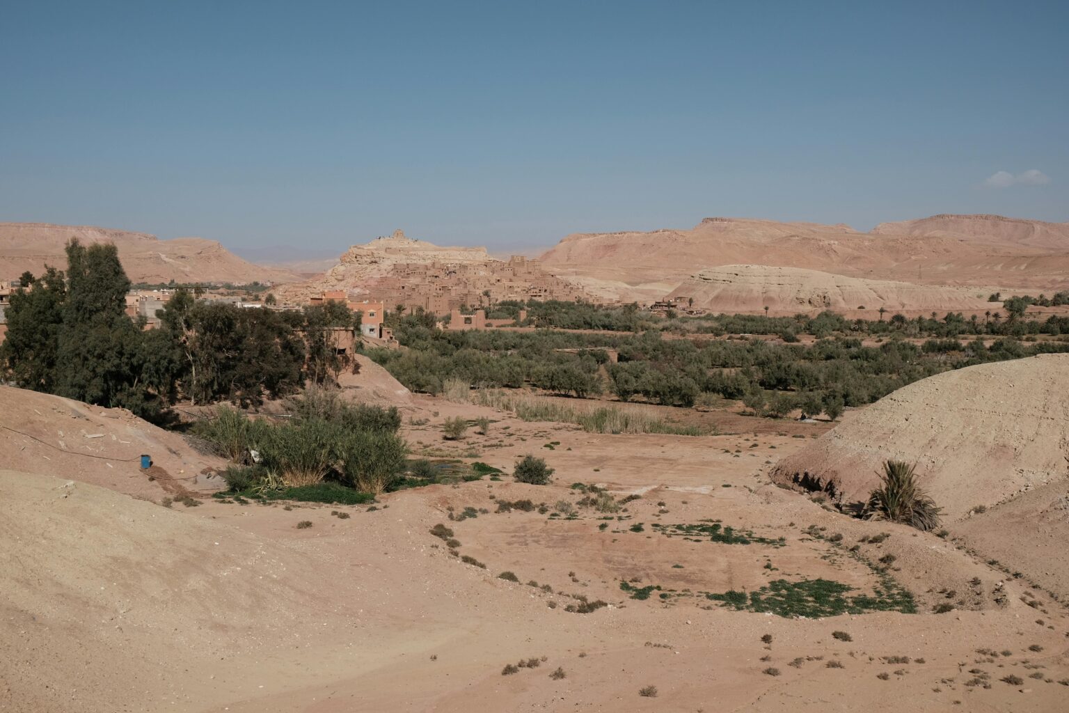 A wide view of a semi-arid landscape with scattered vegetation and trees, some buildings in the midground, and tan hills under a clear blue sky in the background.