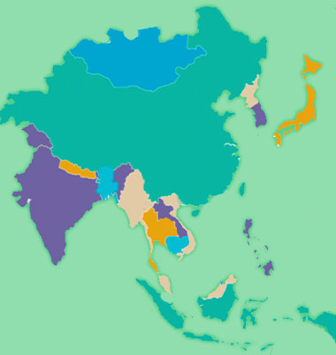 A simplified, color-coded map of Asia with countries shaded in different colors, including green, blue, orange, and purple, on a light green background. Country borders are shown, but no names or labels are present.