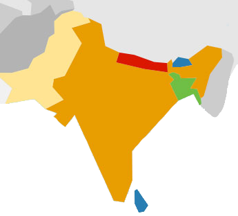 A simplified map of South Asia with countries depicted in different solid colors, including orange, green, blue, red, yellow, and gray, separated by clear borders. No labels or text are shown.