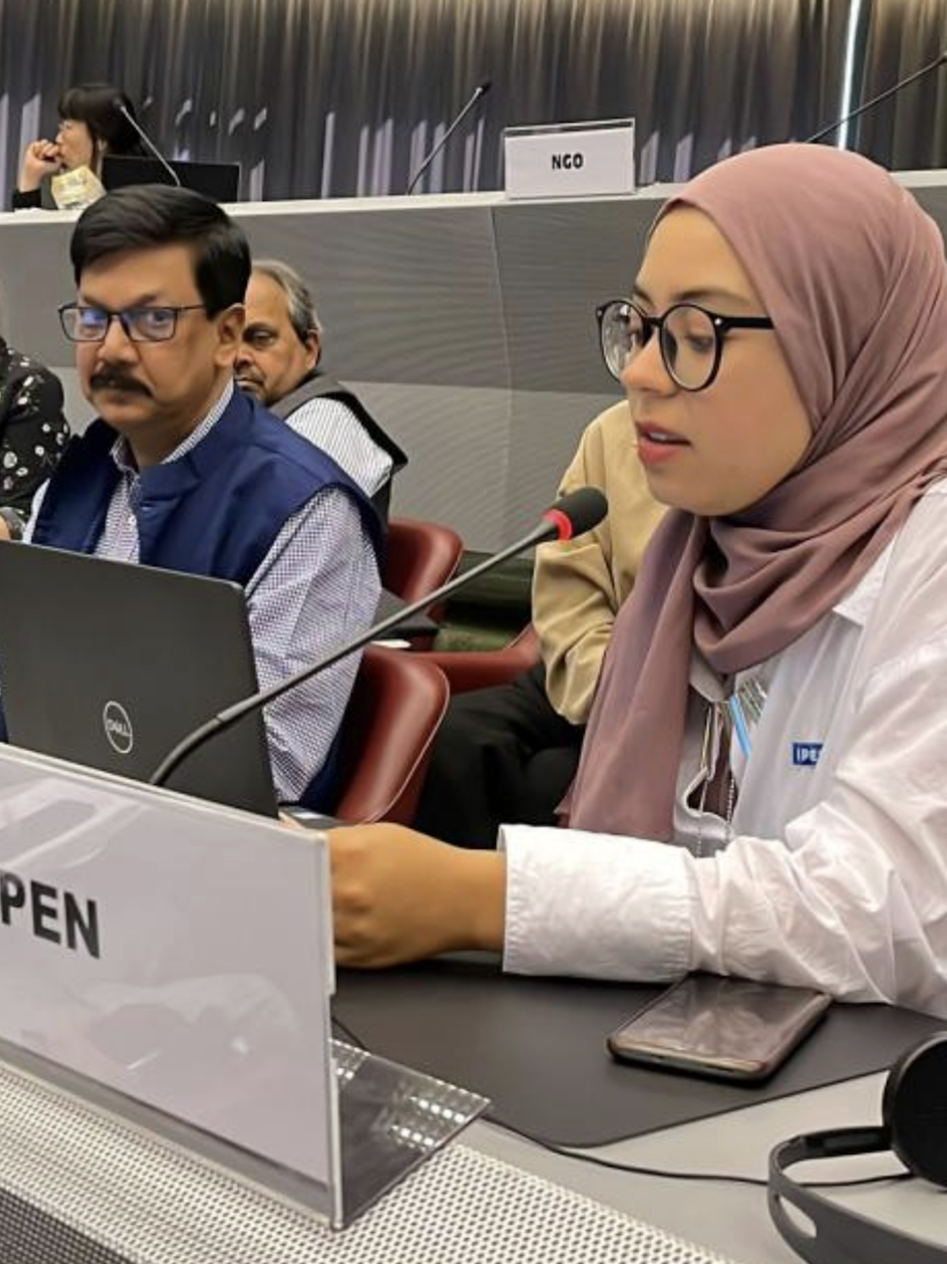 A woman with a head covering speaking for IPEN at BRS 2023