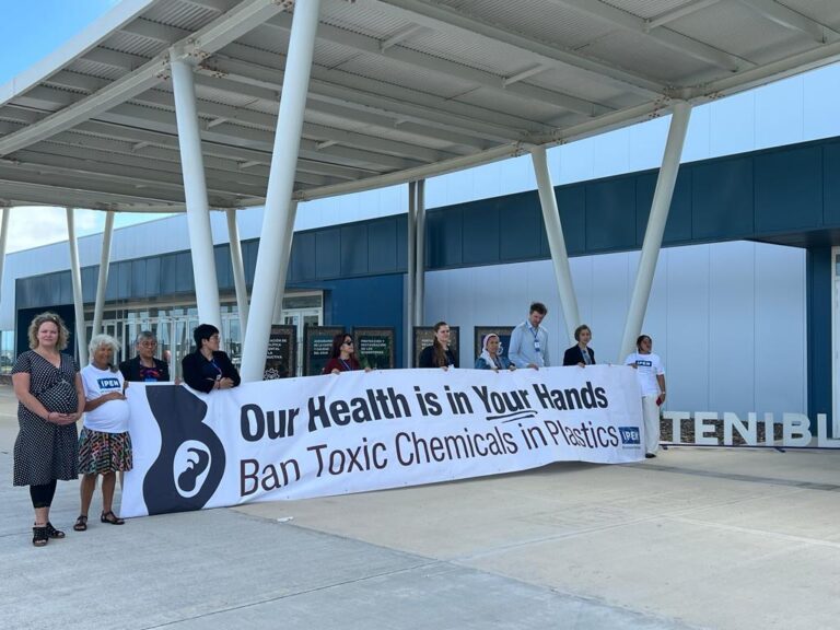 IPEN members hold a banner reading 'Our Health is in Your Hands" outside the Plastics Treaty talks