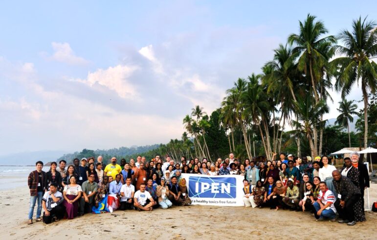 A large group of people is gathered on a sandy beach near palm trees, posing for a group photo. They hold a banner that reads IPEN: For a healthy, toxics-free future. The ocean and mountains are visible in the background.
