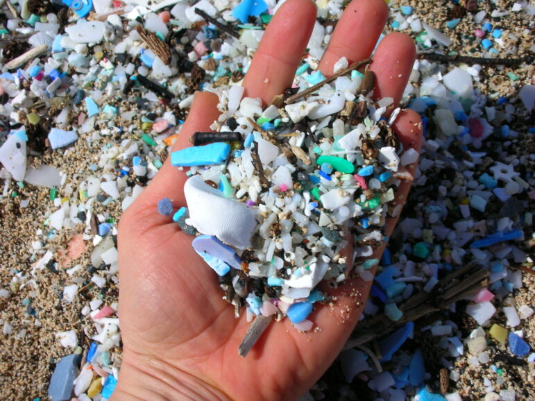 A hand holds a mixture of colorful plastic fragments and small debris, with more scattered plastic pieces covering the ground in the background.