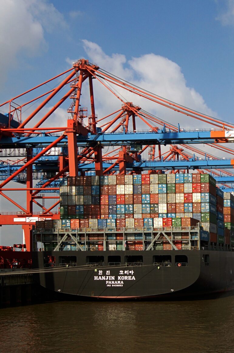 container ship with stacked cargo