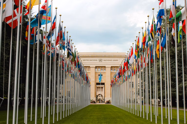 Rows of international flags line a pathway leading to the entrance of a large beige building with “United Nations” written above the doors; the sky is partly cloudy.