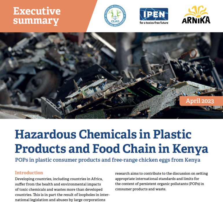 A report cover titled Hazardous Chemicals in Plastic Products and Food Chain in Kenya features images of discarded plastics and logos of organizations; dated April 2023, it references POPs in consumer products and eggs.