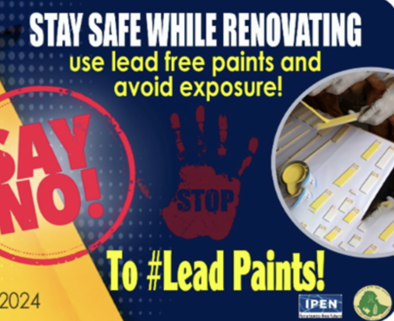 A safety poster advising to stay safe while renovating by using lead-free paints and avoiding exposure. It features a red Say No! graphic, a STOP handprint, paint supplies, and hashtag #LeadPaints.