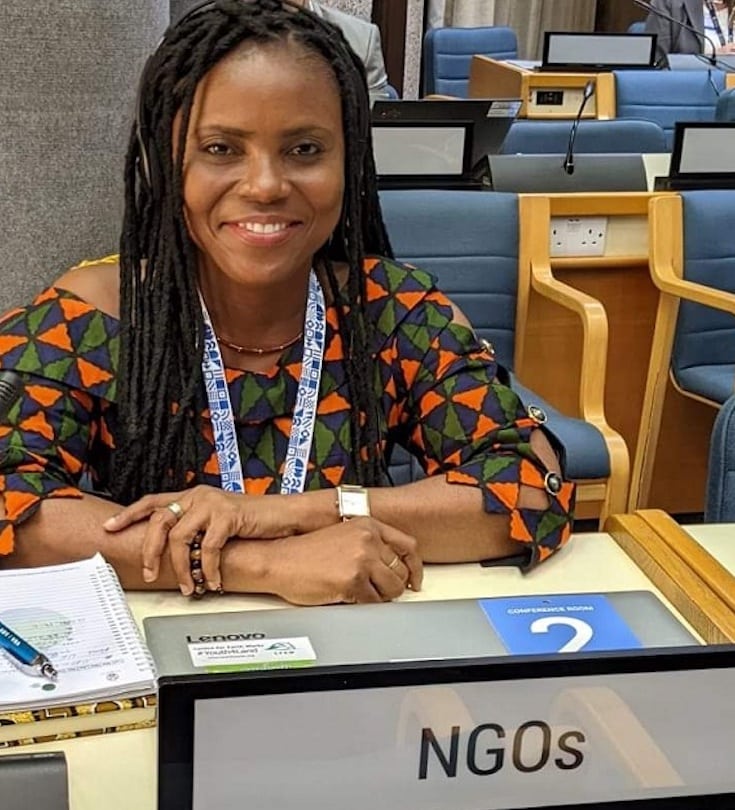 A woman with long braided hair sits at a conference table in front of a sign labeled “NGOs.” She is smiling, wearing a patterned top, and there are documents, a name badge, and a pen on the table in front of her.