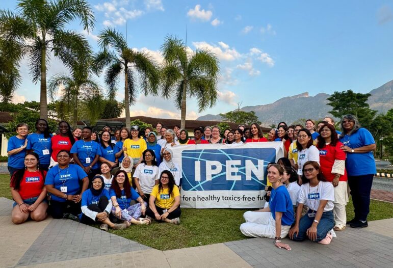 A large group of people pose outdoors on grass in front of palm trees and mountains, holding a banner that reads “IPEN for a healthy toxics-free future.” Many wear blue, yellow, or red IPEN shirts.