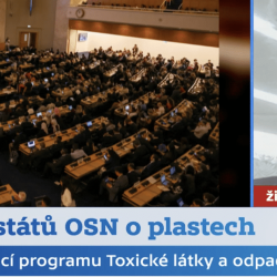 A split-screen image shows a large meeting hall filled with delegates on the left and a close-up of a man speaking via video call on the right. Czech news text at the bottom identifies the topic as a UN plastics summit.